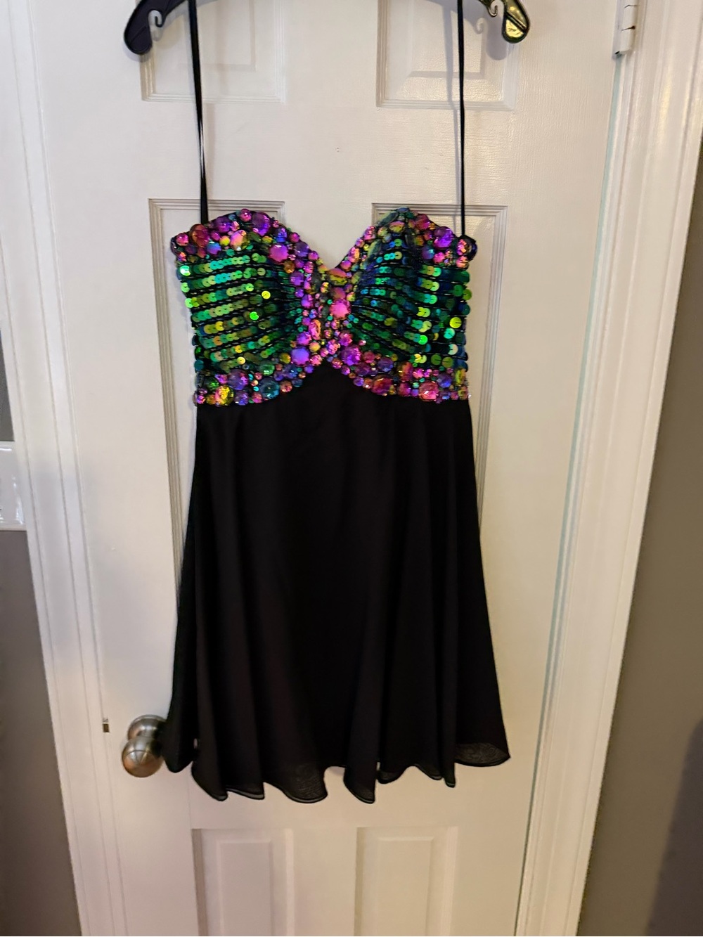 Night Moves Strapless Black Dress with Iridescent Green-Blue-Pink Sequin Bodice